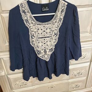 Noelle Deep Blue Blouse with Cream Lace Detail